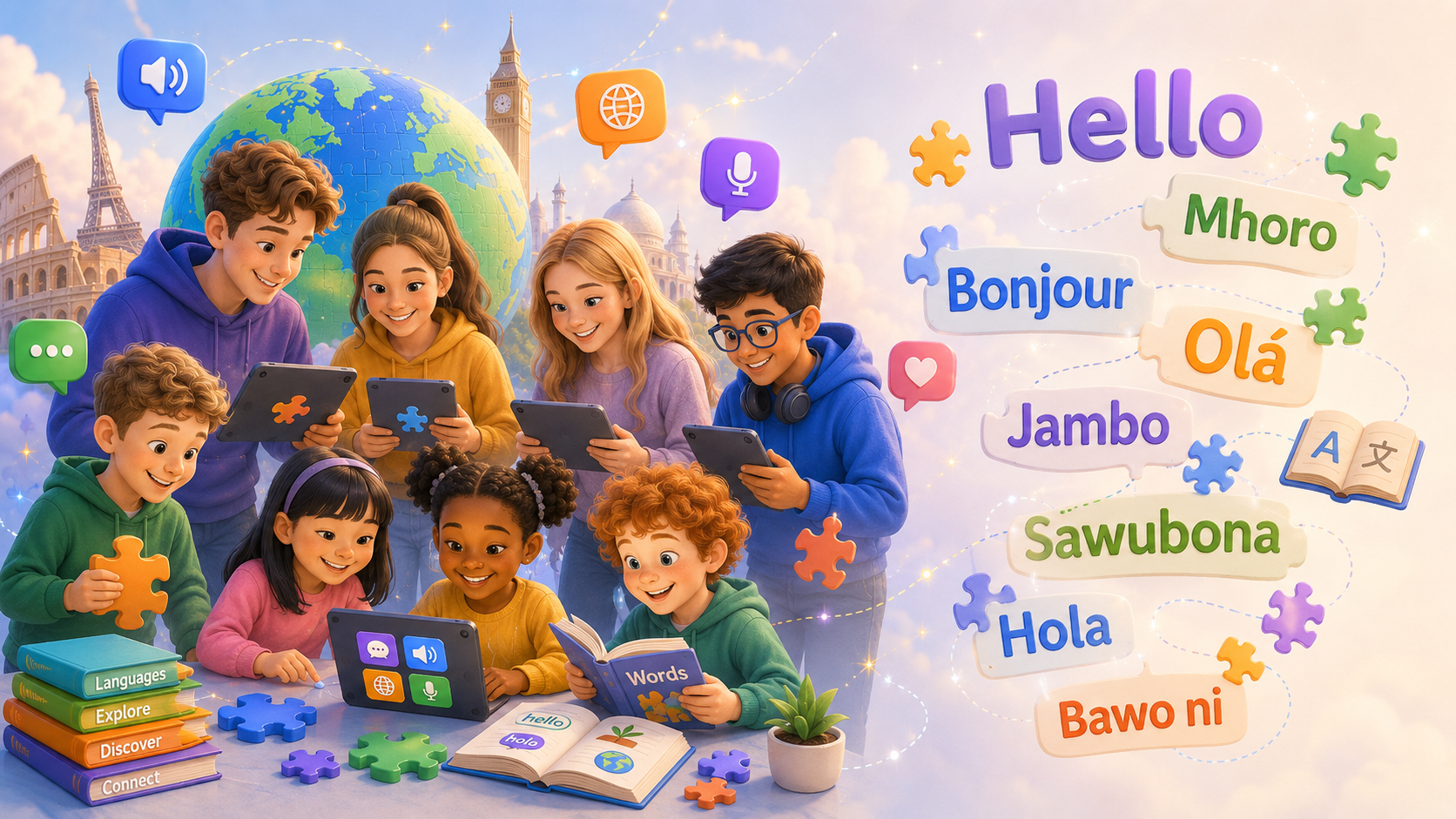 Children from around the world playing Linguistic Quest, greeting each other in Shona (Mhoro), French (Bonjour), Portuguese (Olá), Swahili (Jambo), Zulu (Sawubona), Spanish (Hola) and Yoruba (Bawo ni)