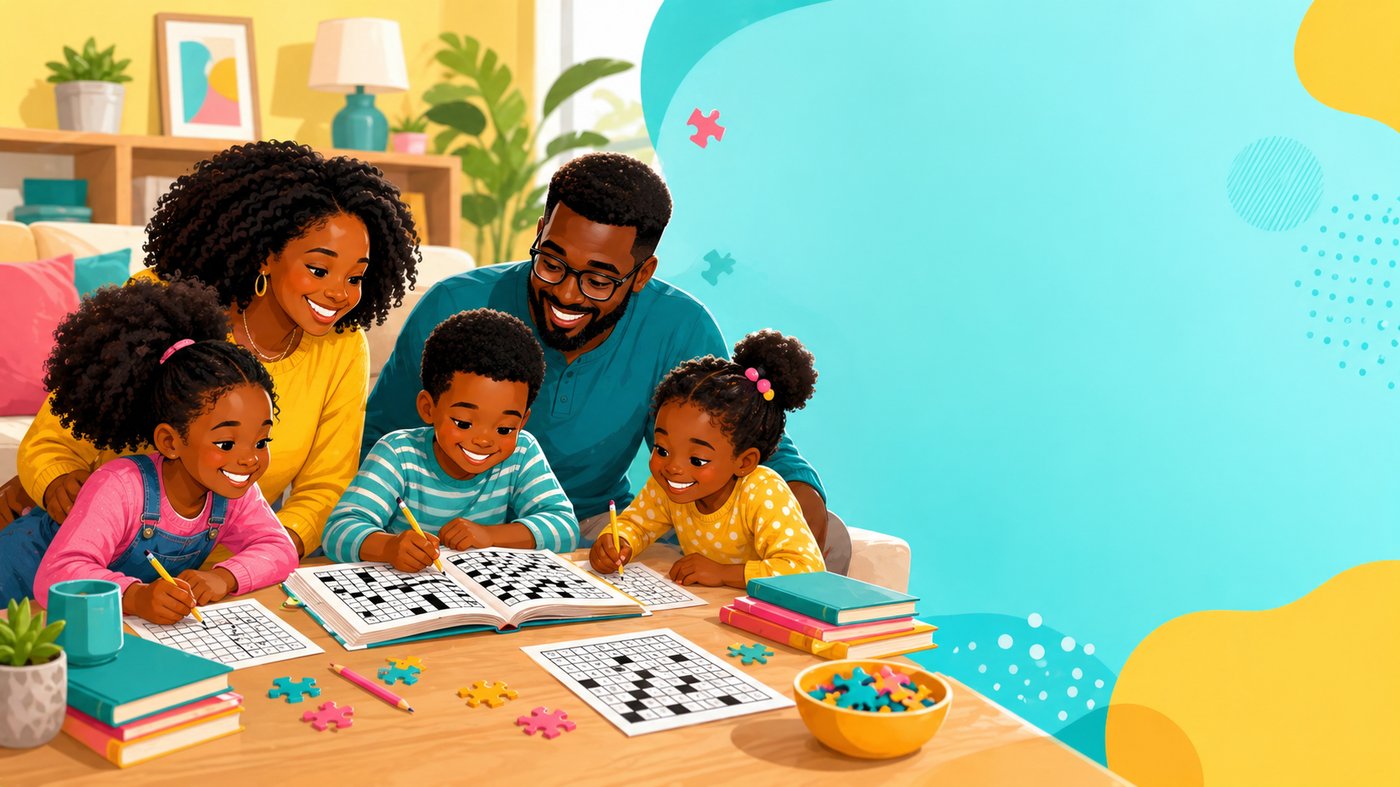 A family of two parents and three children solving puzzles together at a desk